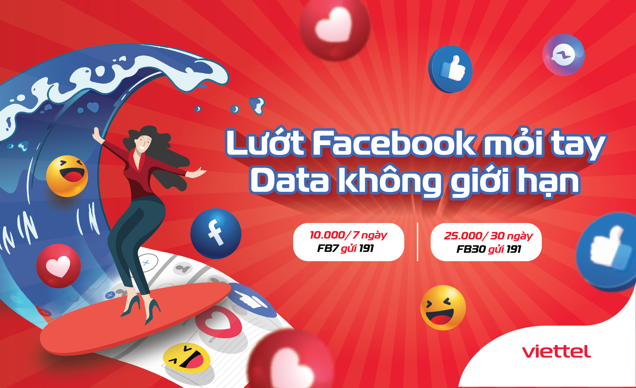 Lướt Facebook không giới hạn Data cùng Viettel với gói cước mới FB7 và FB30