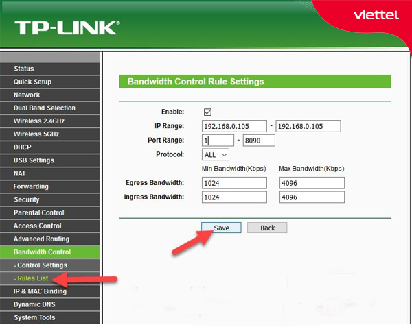 Cấu hình minh họa phân luồng băng thông cho các thiết bị trên router TP-Link Viettel cung cấp.