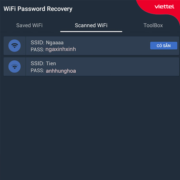Giao diện hiển thị mật khẩu wifi đang sử dụng thông qua ứng dụng Wifi Password Recovery.