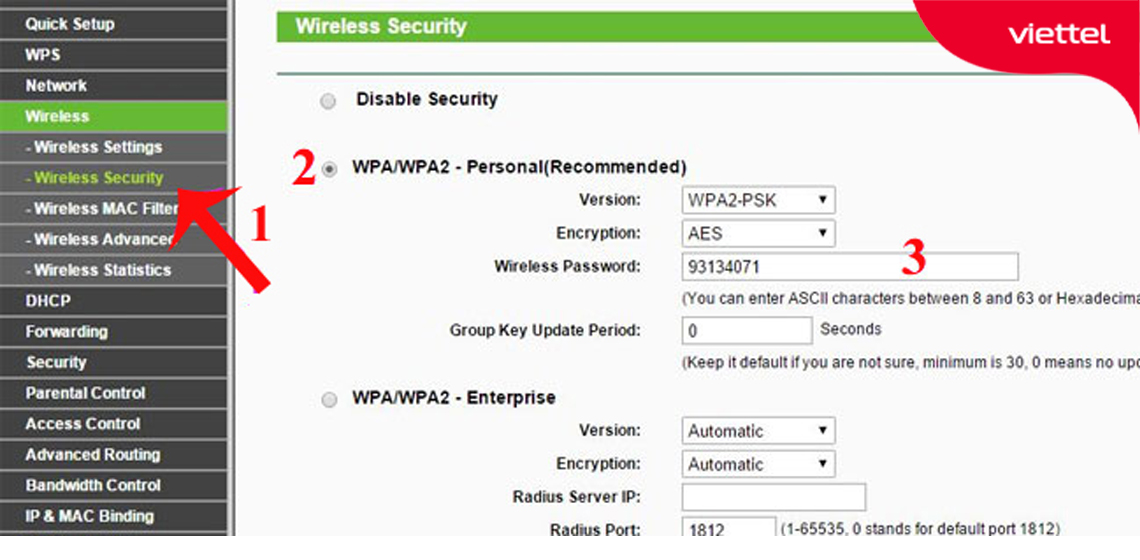 Minh họa cấu hình kiểm tra password tại Wireless Security trên thiết bị Tp-Link.