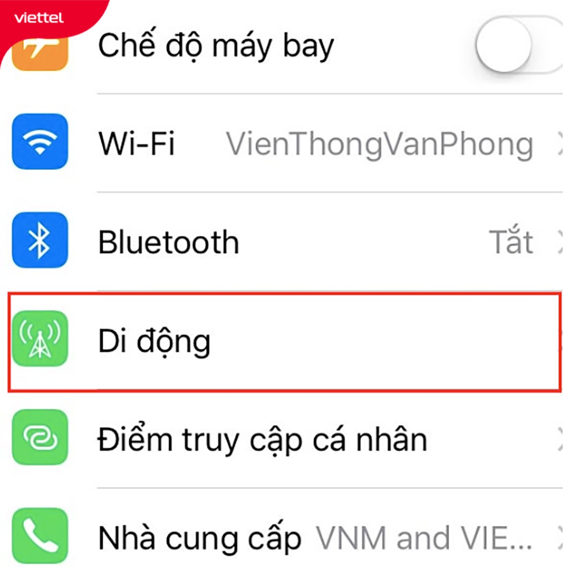 Bấm vào mục Di động trong Cài đặt