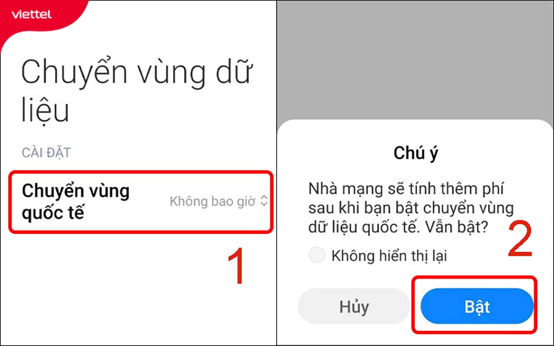 Bấm vào nút Bật để chuyển vùng quốc tế