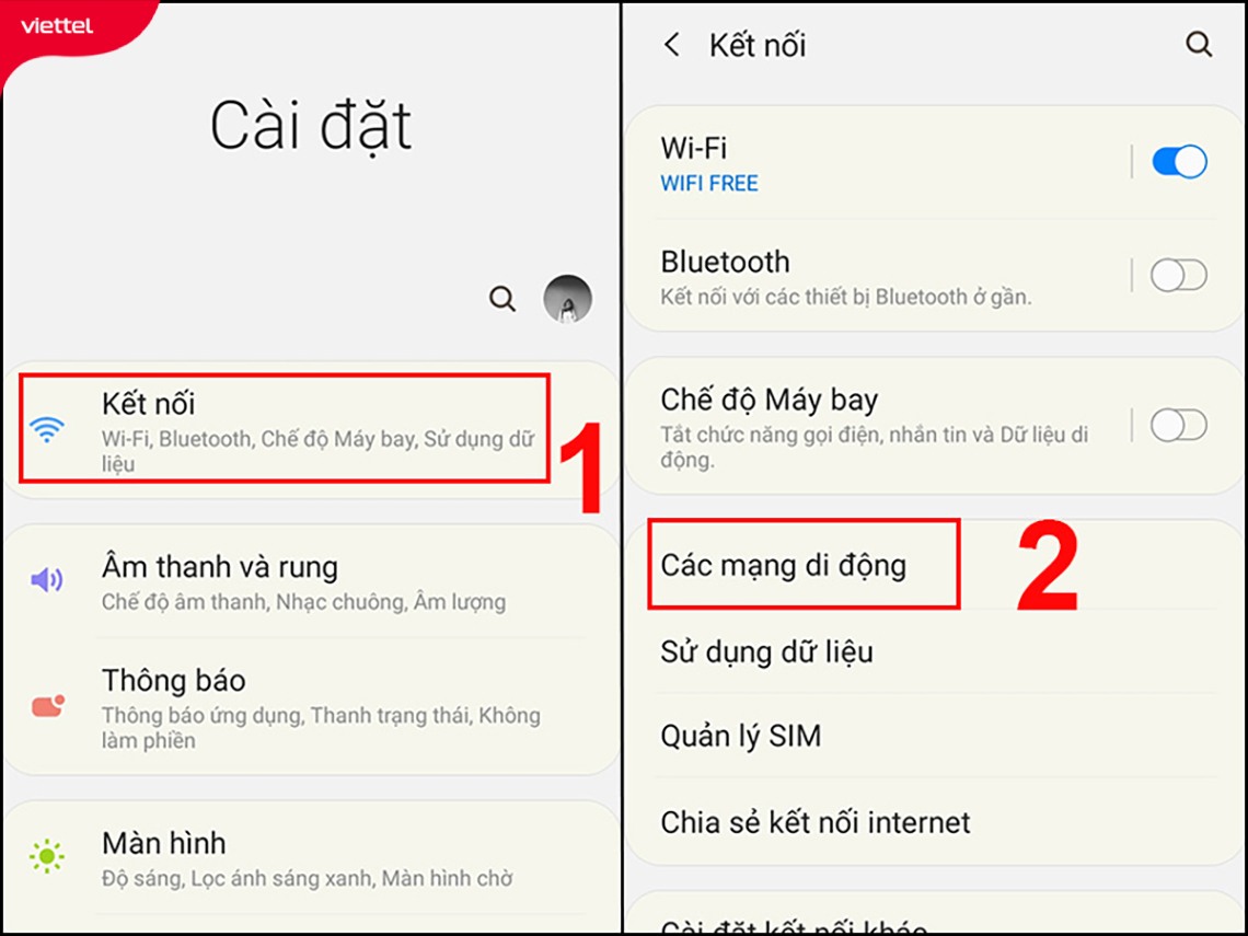 Chọn Các mạng di động trong mục Kết nối