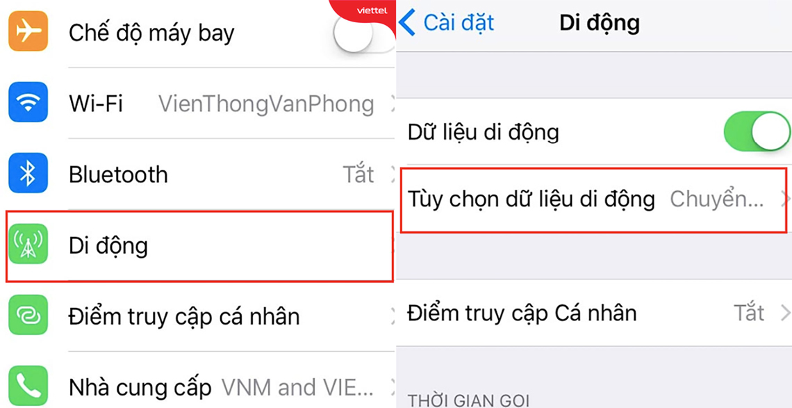 Chọn Di động và chọn Tùy chọn dữ liệu