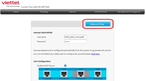 Click vào nút Advance Setup