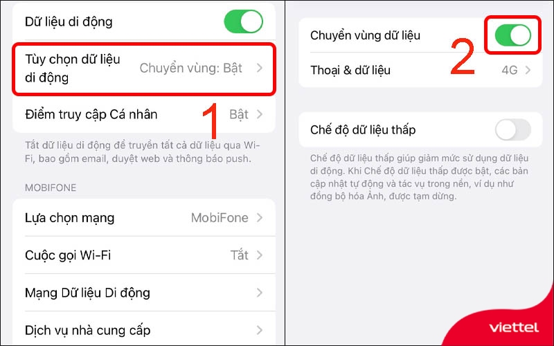 Gạt thanh ngang Chuyển vùng dữ liệu sang phải để chuyển vùng trong nước