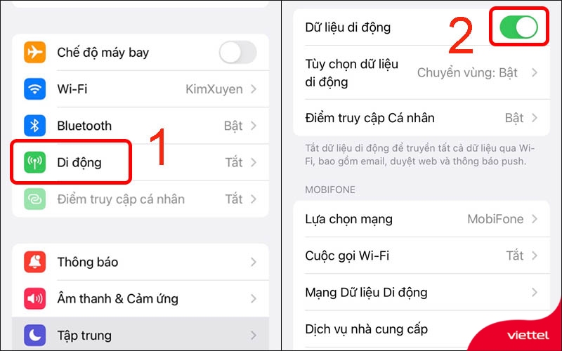 Gạt thanh ngang Dữ liệu di động sang bên phải trong mục Di động