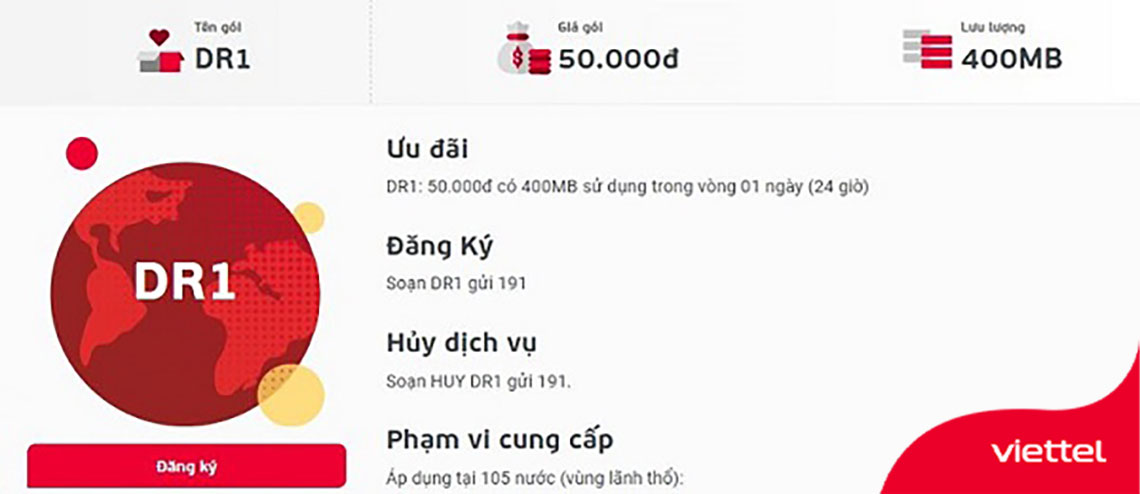 Gói cước data chuyển vùng quốc tế Viettel DR1 giá rẻ