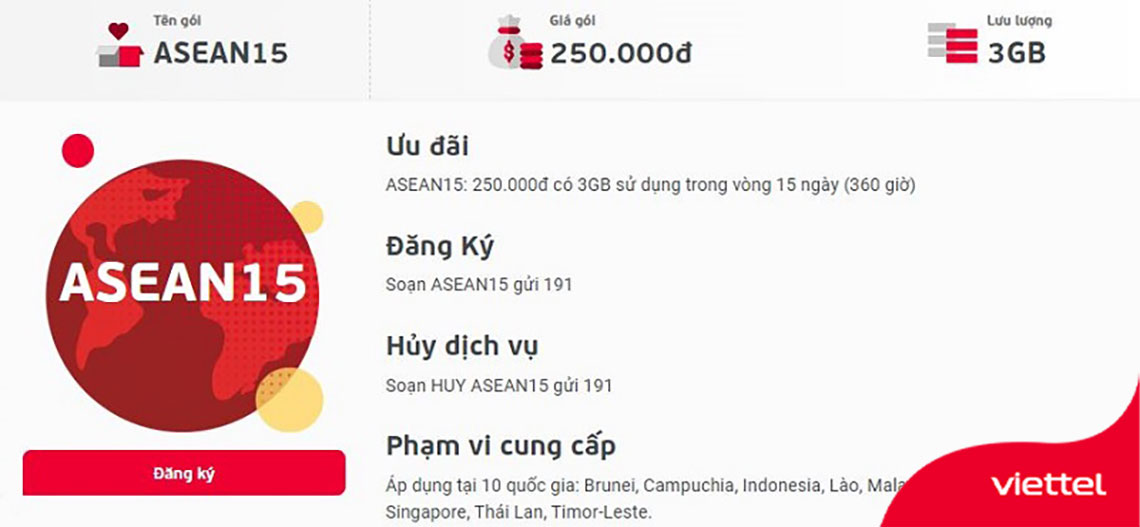 Gói cước data roaming Viettel ASEAN15