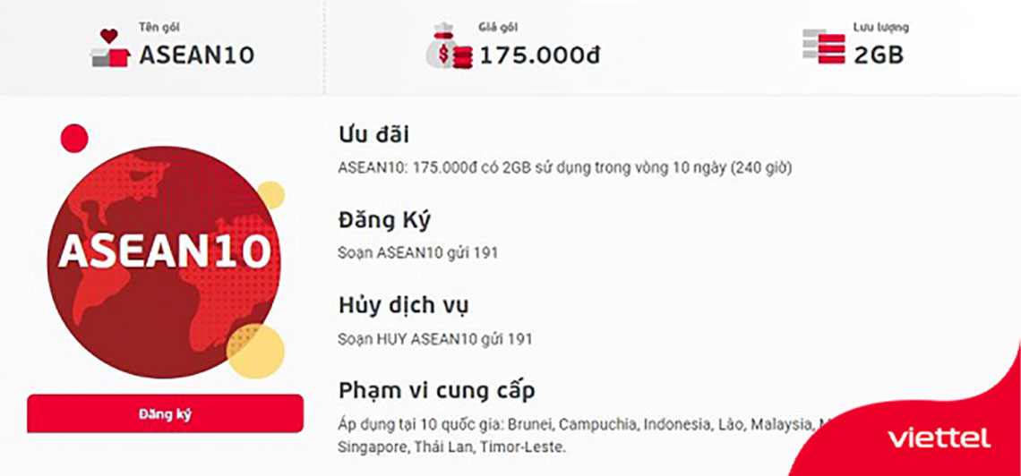 Gói data roaming rẻ nhất ASEAN10 Viettel