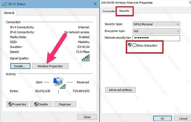 Minh họa mật khẩu wifi tại mục “Security”.