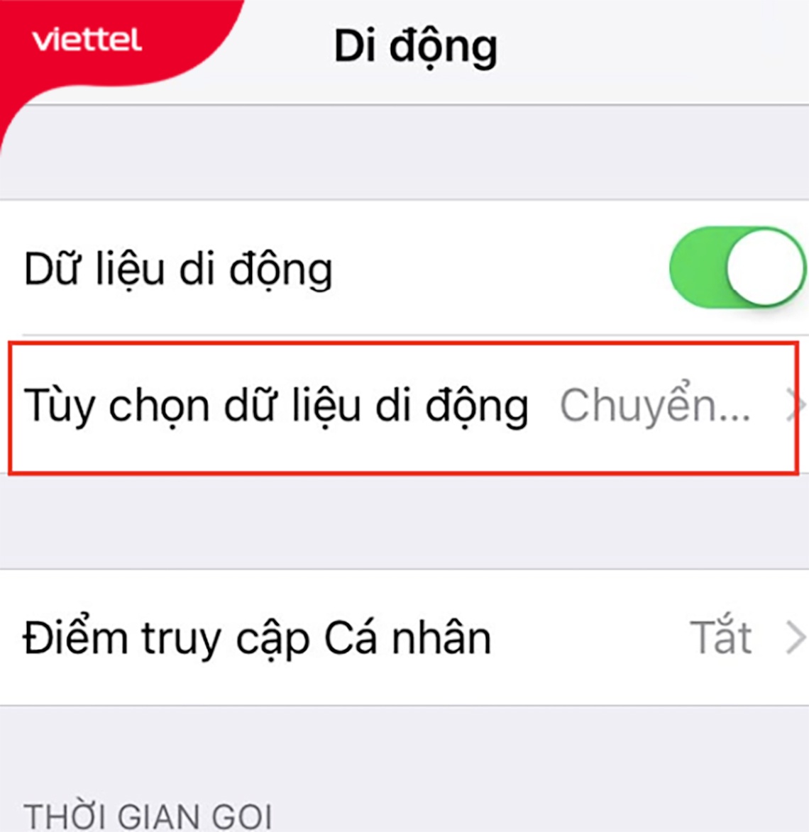 Nhấn chọn Tùy chọn dữ liệu di động